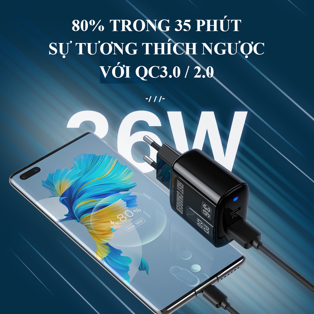 Sạc nhanh 36w cổng kép USB QC3.0 và PD, thích hợp cho điện thoại di động, pin sạc dự phòng, máy tính bảng đầu sạc nhan