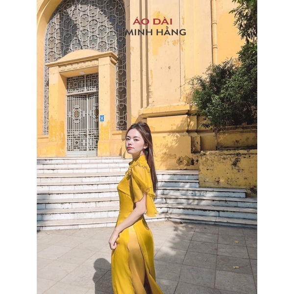 Áo Dài Cách Tân Nữ Thiết Kế Cổ Vuông Tay Xòe Cánh Tiên May Sẵn Lụa Tơ Óng Vàng 4 Tà Bigsize Dự Tiệc Lễ Tết- MH002