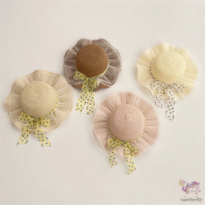 Mũ Cói Rộng Vành Phối Ruy Băng Ren Hoa Xinh Xắn Thời Trang Hàn Quốc Cho Bé Gái
