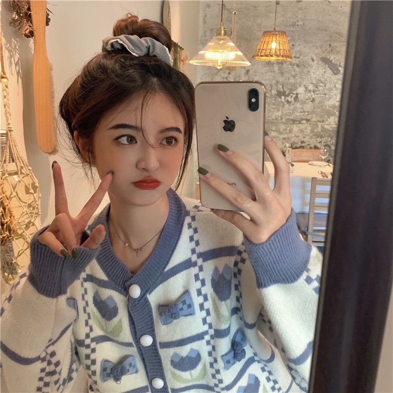 Áo Khoác Cardigan Dệt Kim Phong Cách Retro Hàn Quốc Cho Nữ