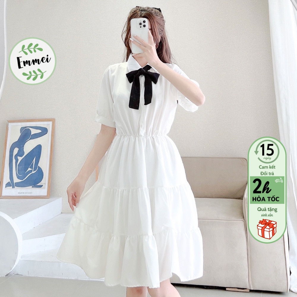 Váy babydoll nữ đen trắng vintage, váy babydoll buộc nơ cổ V18 thời trang nữ emmei