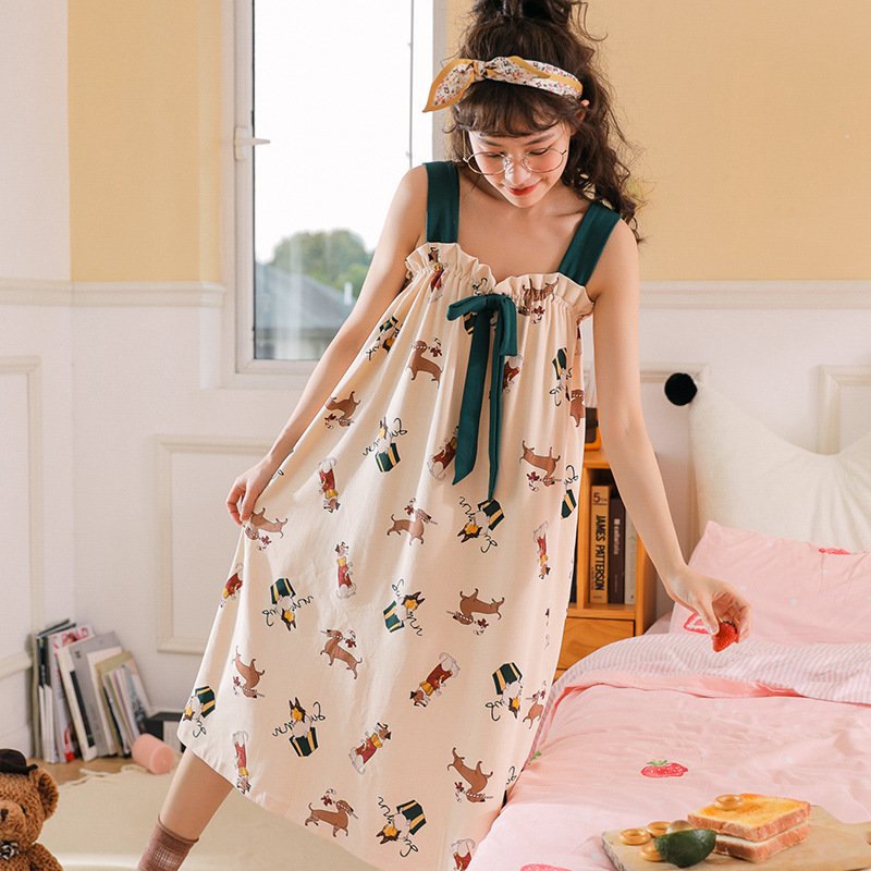 Đầm ngủ hai dây dáng rộng chất liệu Cotton mềm mại in họa tiết hoạt hình dành cho nữ 2218