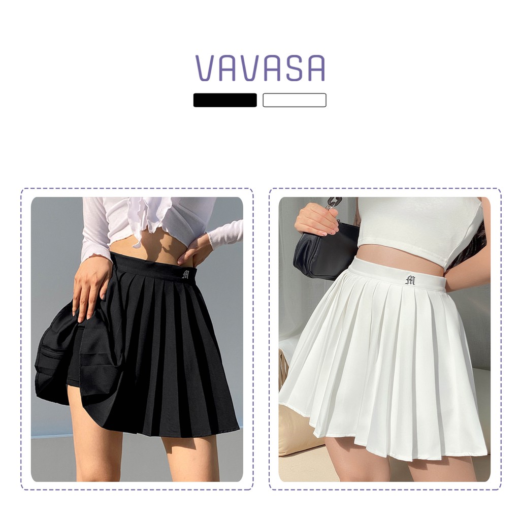 Chân váy tennis xếp ly đen trắng lưng cao ngắn bigsize trơn ulzzang hoạ tiết thêu có quần trong VAVASA CV13