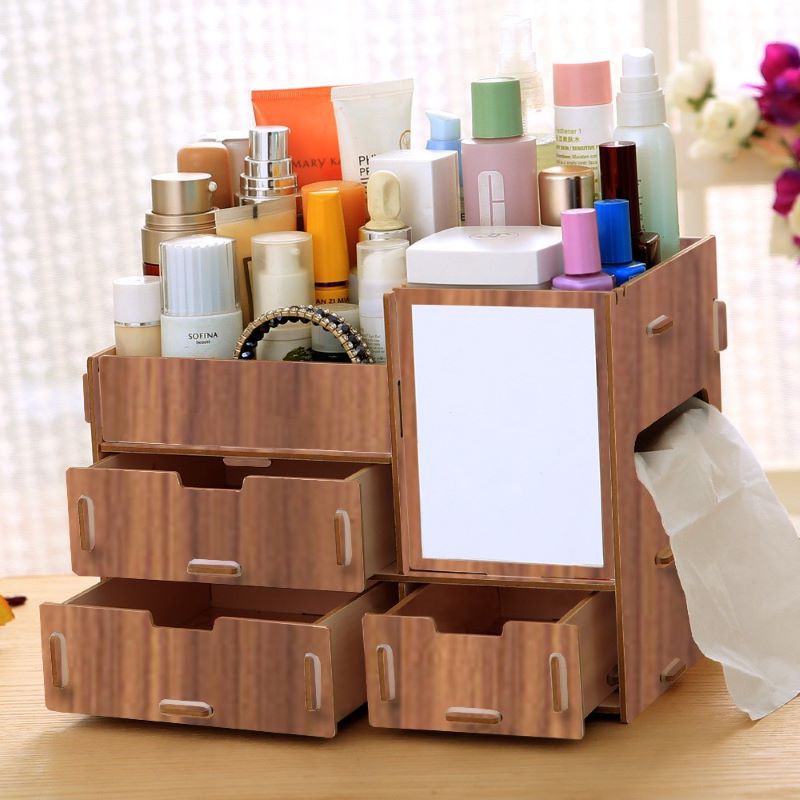 KỆ MỸ PHẨM GỖ 4 TẦNG 3 NGĂN KÈM GƯƠNG SOI TIỆN LỢI - TỦ GỖ ĐỰNG ĐỒ TRANG ĐIỂM, VẬT DỤNG VĂN PHÒNG, ĐỒ DÙNG CHO BÉ