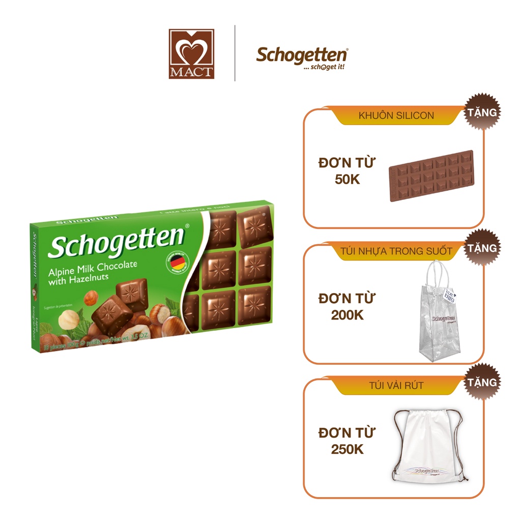 Sôcôla SCHOGETTEN - Vị Hạt dẻ Alpine Milk Chocolate with Hazelnuts - thanh 100g gồm 18 viên rời