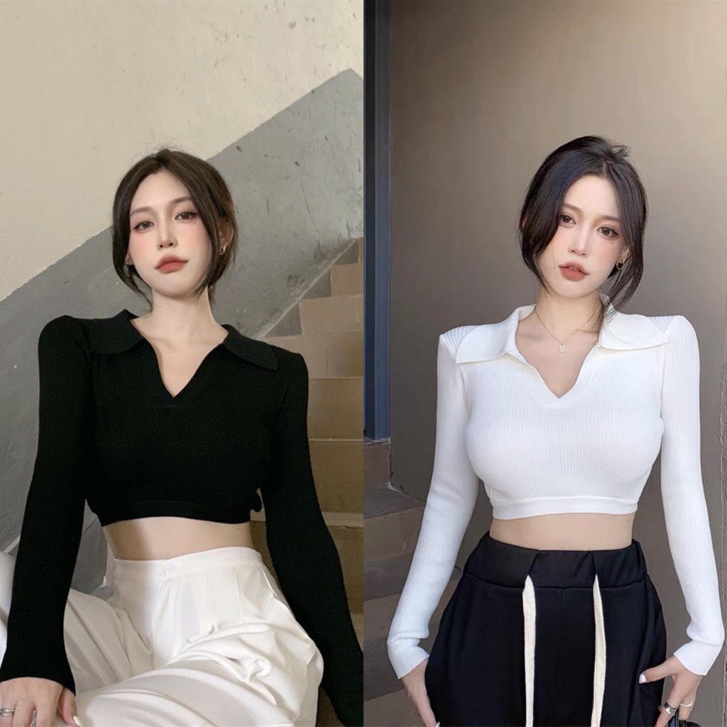 Áo croptop cổ V dài tay KÈM ẢNH THẬT  BAO KIỂM ❌