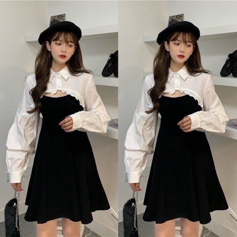 SET ÁO CROPTOP SƠ MI BÈO TRẮNG DÀI TAY MĨ VÁY 2 DÂY XOÈ SALE 50%