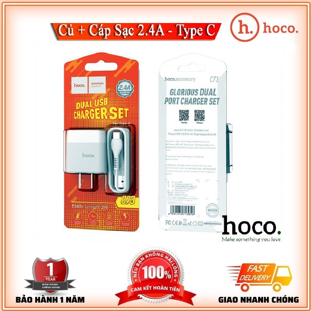 Bộ Củ Cáp Sạc Type-C Cho Android Samsung Oppo Xiaomi Hoco C73 5V/2.4A - Bảo Hành Chính Hãng 12T