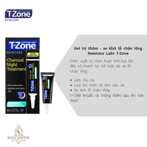 Combo Gel Giảm Mụn T-Zone Zapping Gel 8ml Và Gel GiảmThâm T-Zone Charcoal Night Treatment 8ml - UK