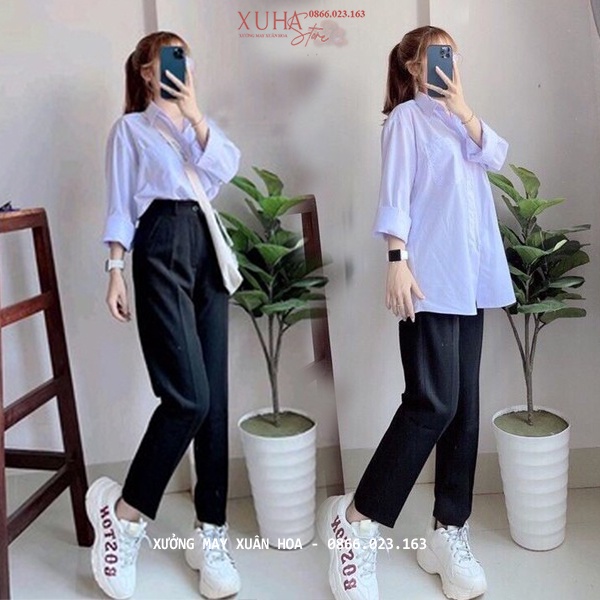 Áo sơ mi trắng đi học tay dài nữ dáng rộng cổ V bẻ trụ có túi kiểu áo sơ mi học sinh cấp 2 3 tay dài không túi vải lanh