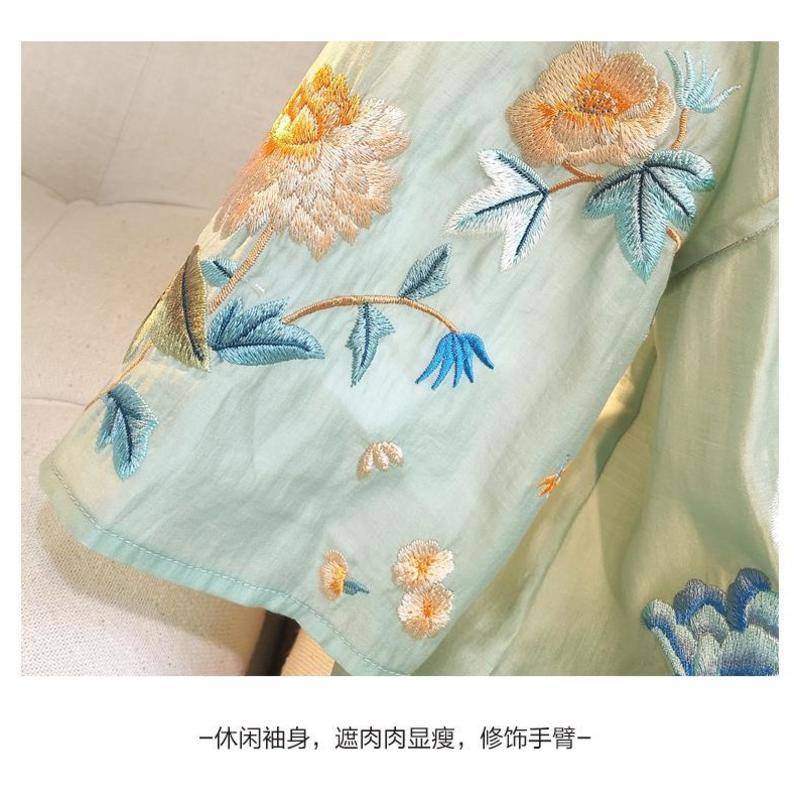 Áo Sơ Mi Tay Lửng Cổ Tròn Thêu Họa Tiết Phong Cách Trung Hoa Cổ Điển