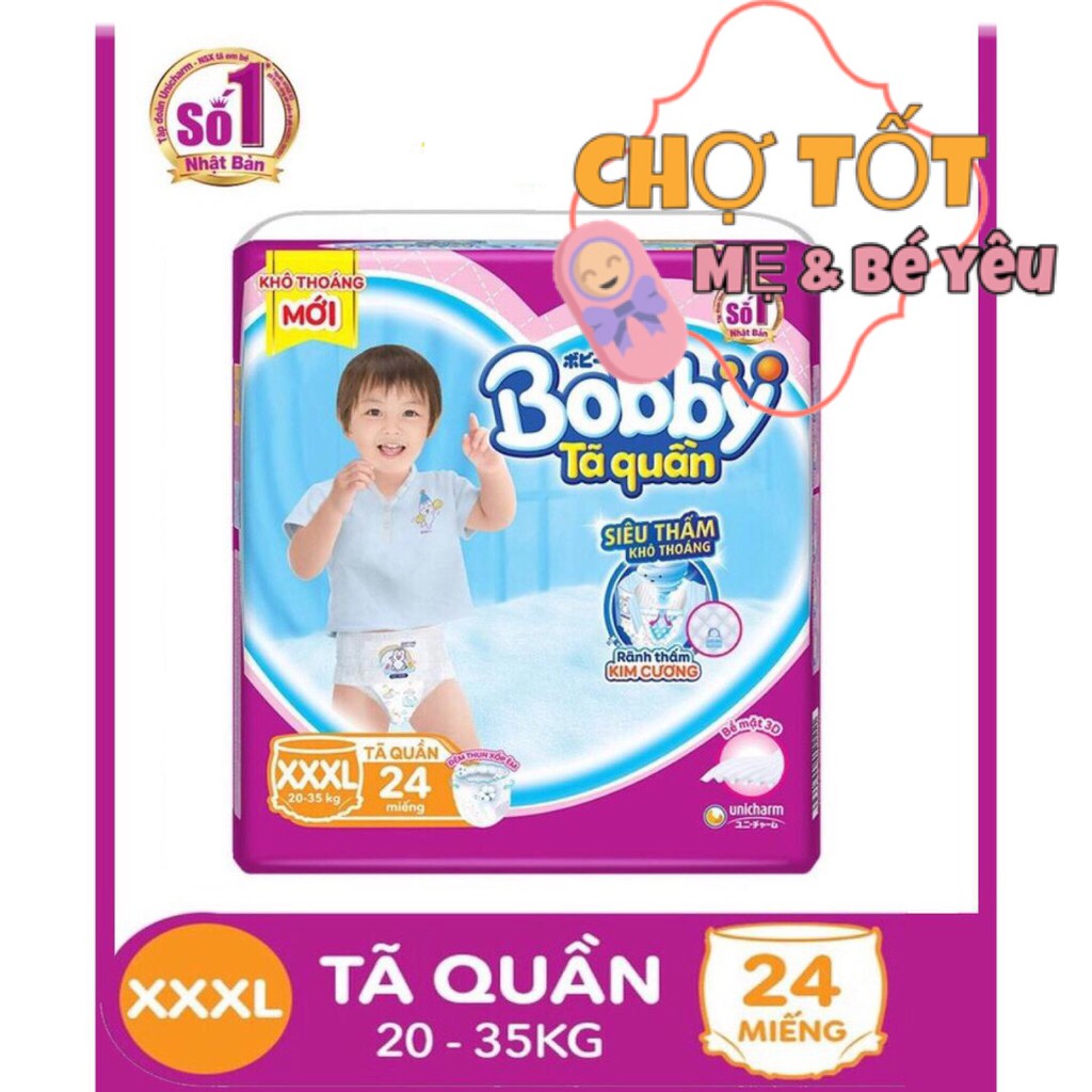 (TẶNG 6 MIẾNG) Tã Quần Bobby Size XXXL 24 miếng dành cho bé 20 đến 35 kg, Rãnh thấm Kim Cương