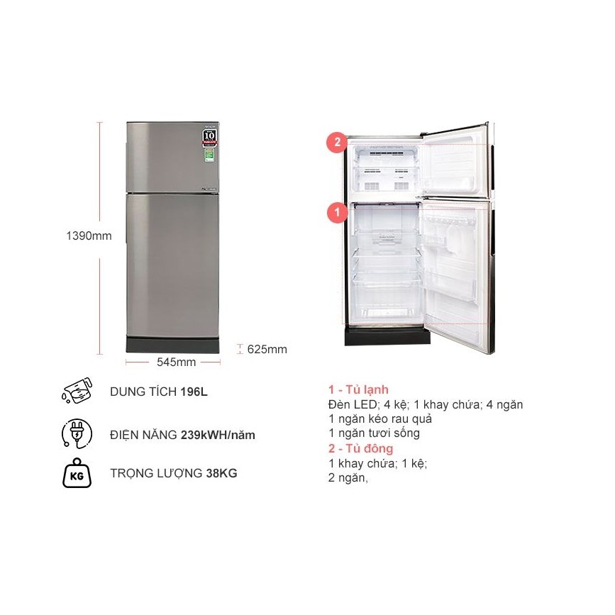 Tủ Lạnh Sharp SJ-X201E-SL 196L (SHOP CHỈ BÁN TRONG TP HỒ CHÍ MINH)