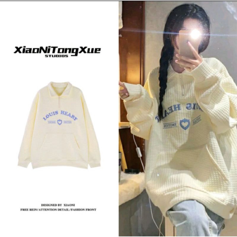 Áo sweater thêu Louis Heart vải xốp khóa kéo 🍥