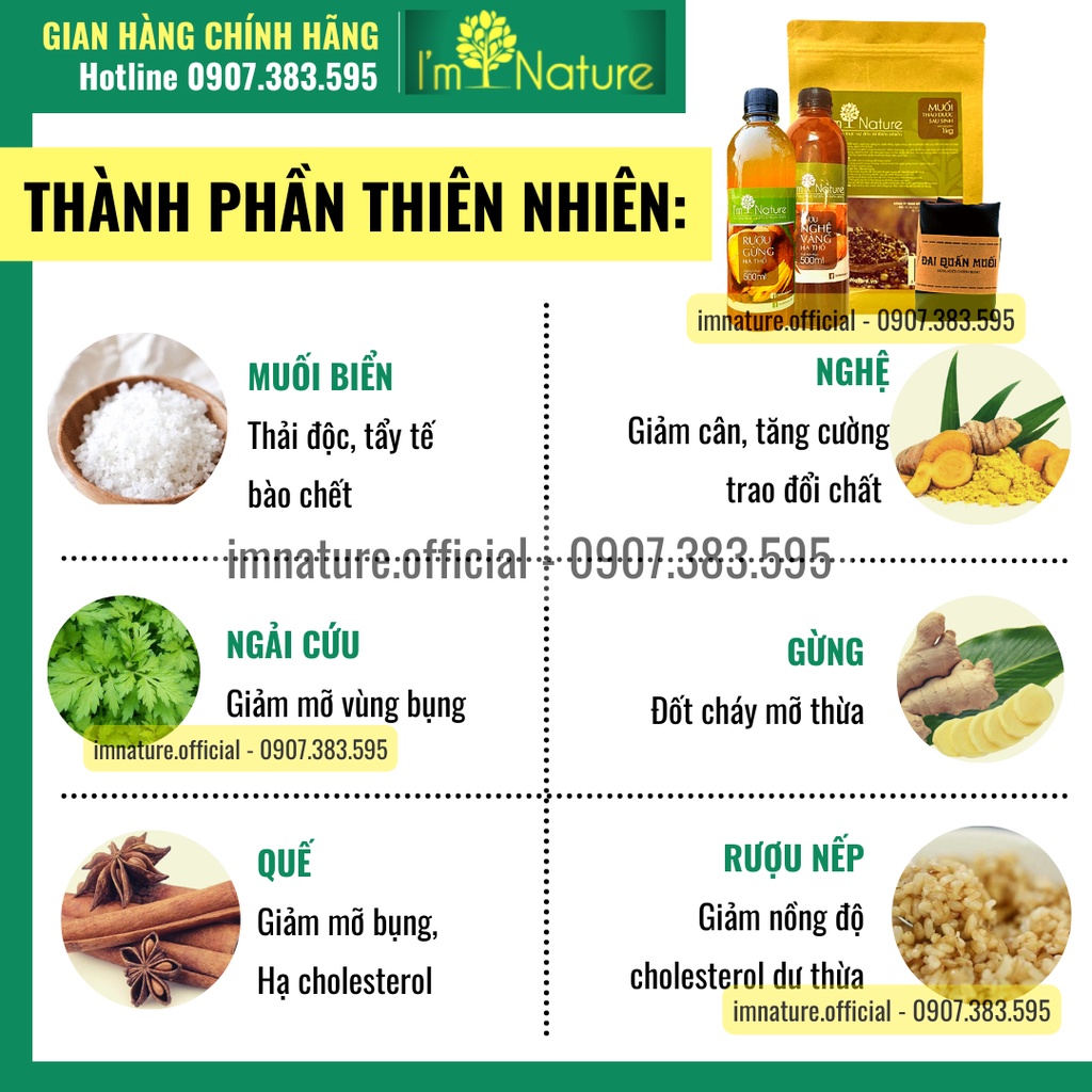 Combo Sau Sinh: Muối Thảo Dược + Rượu Gừng &amp; Nghệ Hạ Thổ 3 Năm + Tặng Đai Quấn Cho Mẹ Sau Sinh I'm Nature
