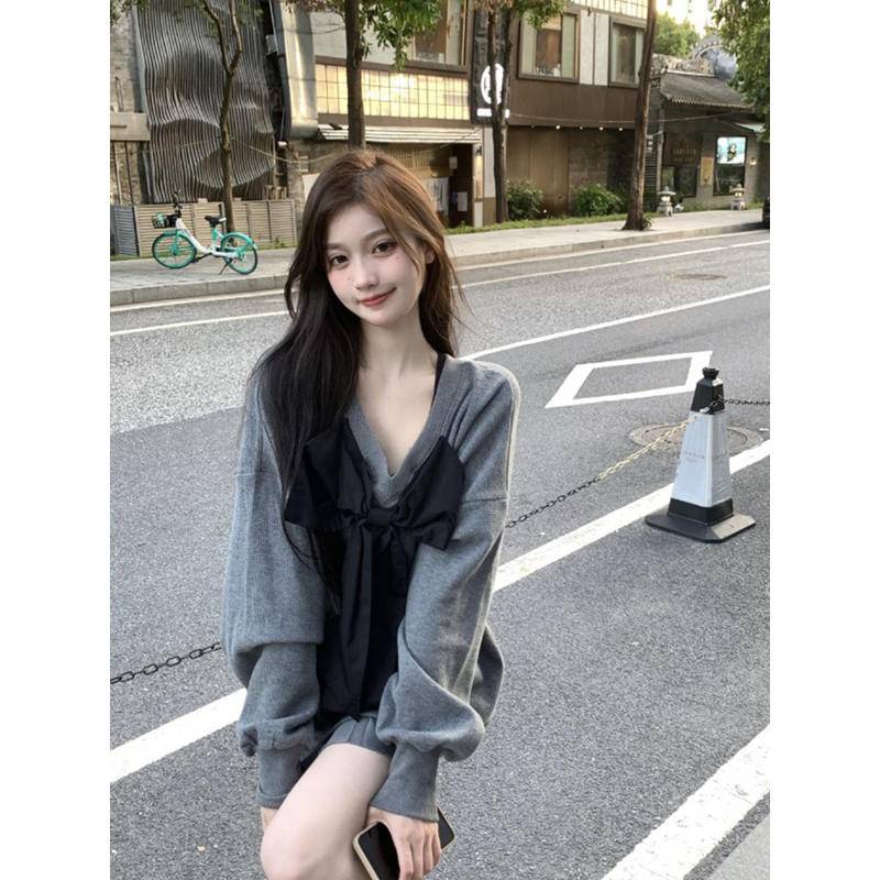 Áo len nữ tay dài cổ chữ V thắt nơ thời trang