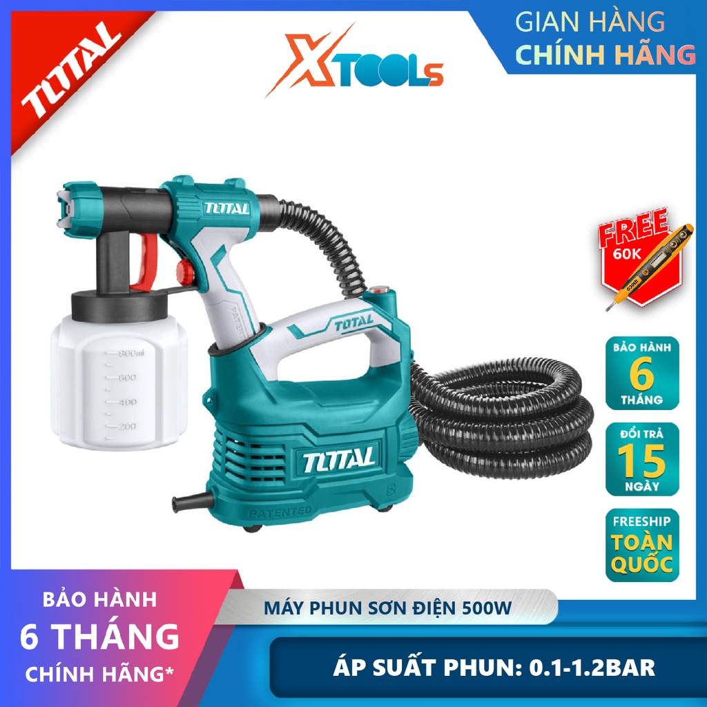 Máy phun sơn dùng điện TOTAL TT5006 súng phun sơn 220-240V~50-60Hz, Công suất 350 W, 0.1-0.2 Bar, 380ml/phút, 50DIN-s