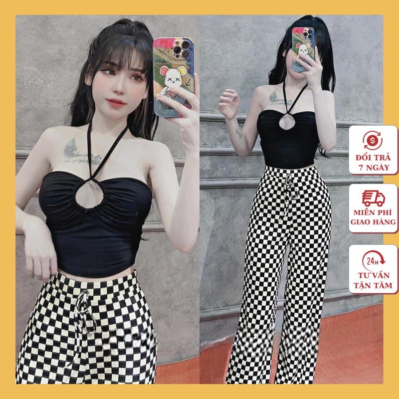 Set Quần Caro Áo croptop cột dây