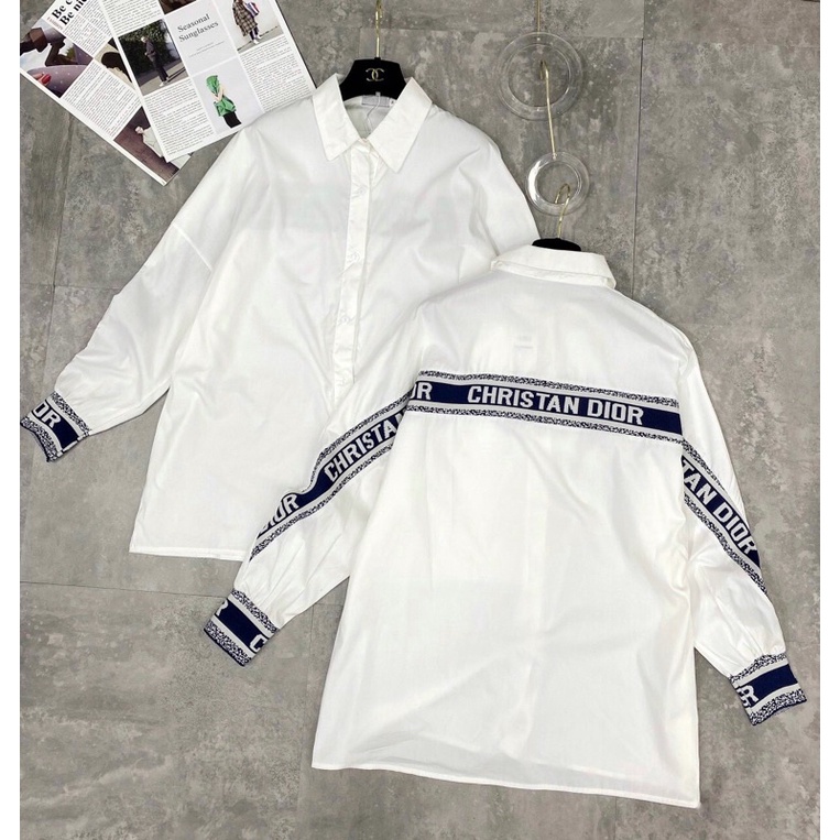ÁO SƠMI TRẮNG PHA CHẠY VIỀN TAY VÀ LƯNG DIOR OVERSIZE | BigBuy360 - bigbuy360.vn