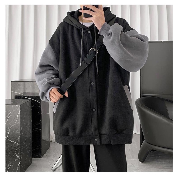 Áo khoác mũ bomber phối đen ghi