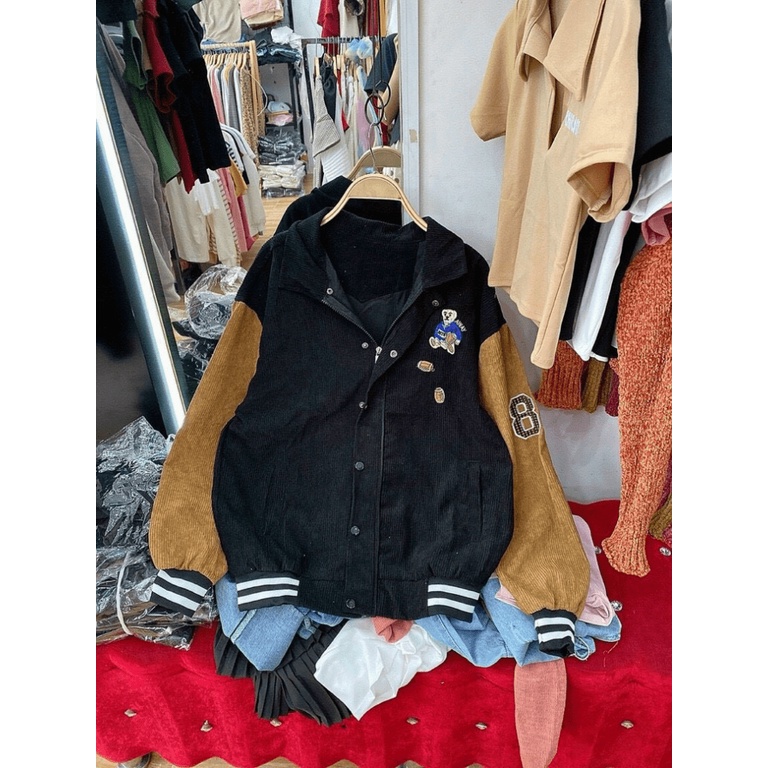 Áo Khoác Nhung Thêu Logo Kiểu BomBer Phối 2 Màu Cực Đẹp TP [NewUnisex]