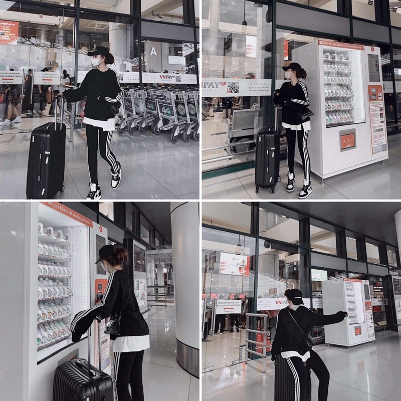 S7283 Set Áo Thụng Dài Tay Phối Đuôi Bèo và Quần Legging Chạy Viền Sọc Das Tôn Dáng