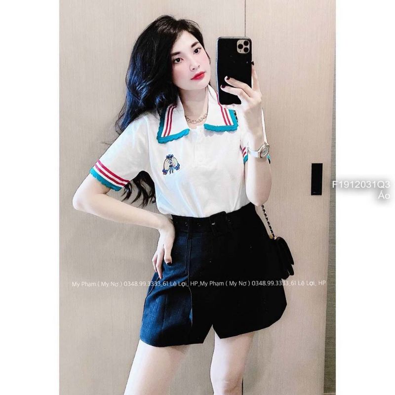 Áo len ngực thêu ong cổ bẻ tay con phối viền sọc đỏ xanh cổ và tay áo hàng Quảng Châu!