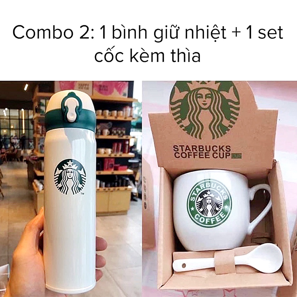 Set 2 bình giữ nhiệt, cốc sứ Starbuck kèm thìa cao cấp