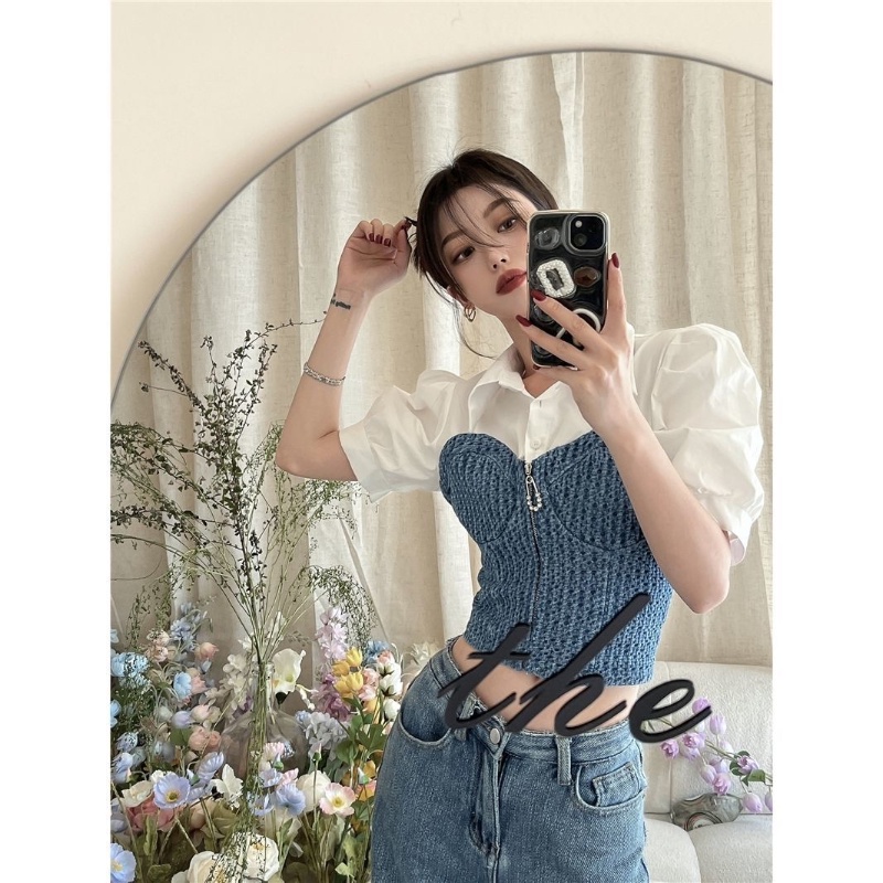 Áo sơ mi COZOKC denim ngắn tay dáng ôm kiểu cổ điển cá tính