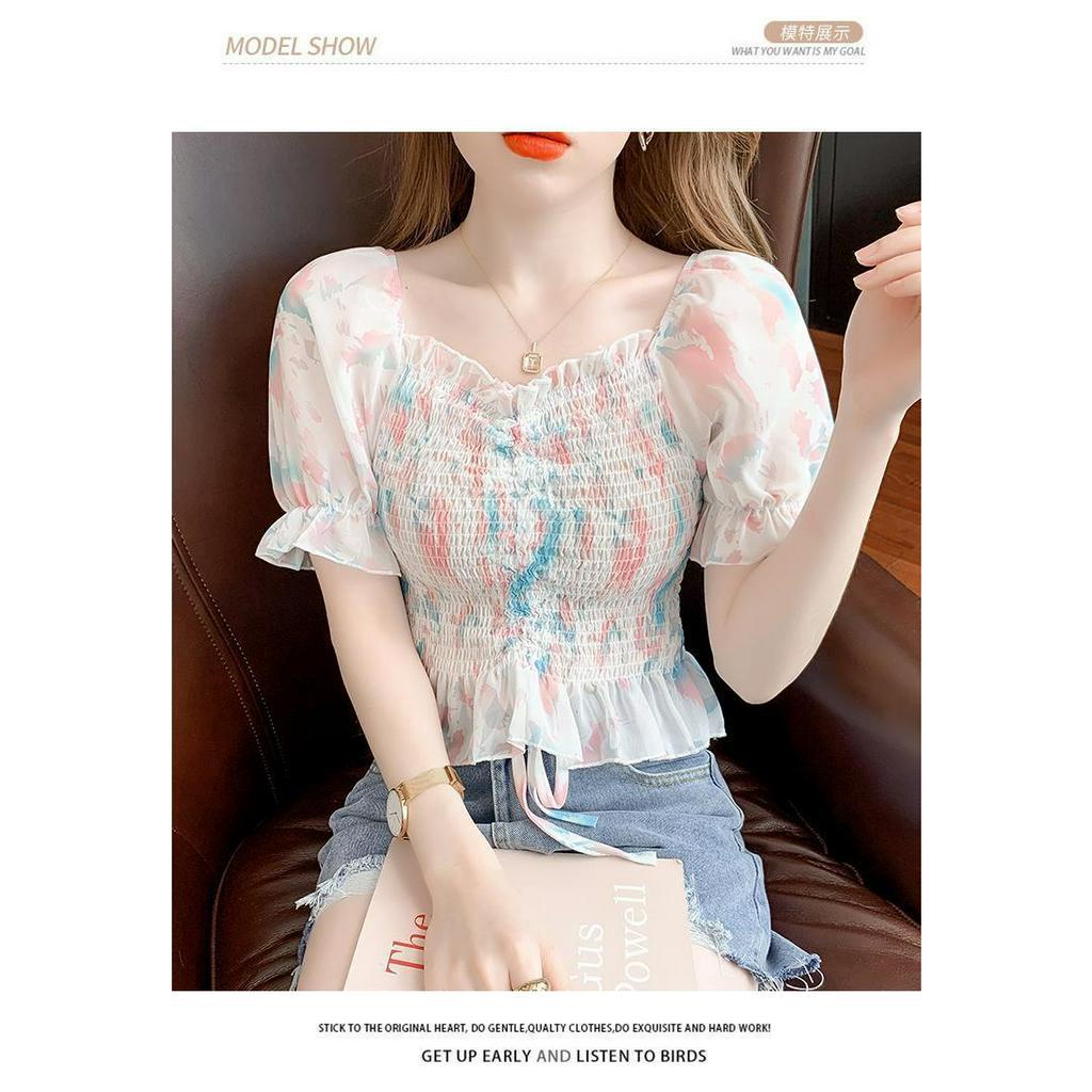 Hàng QC - Áo Kiểu Croptop Voan Hoa Tay Phồng Bo Chun Ngực Rút Dây Siêu Xinh  - JMA081401