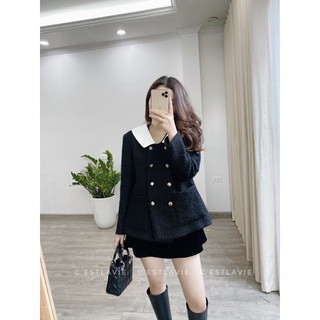 Áo khoác tweed đen cao cấp cổ pha trắng hai hàng cúc