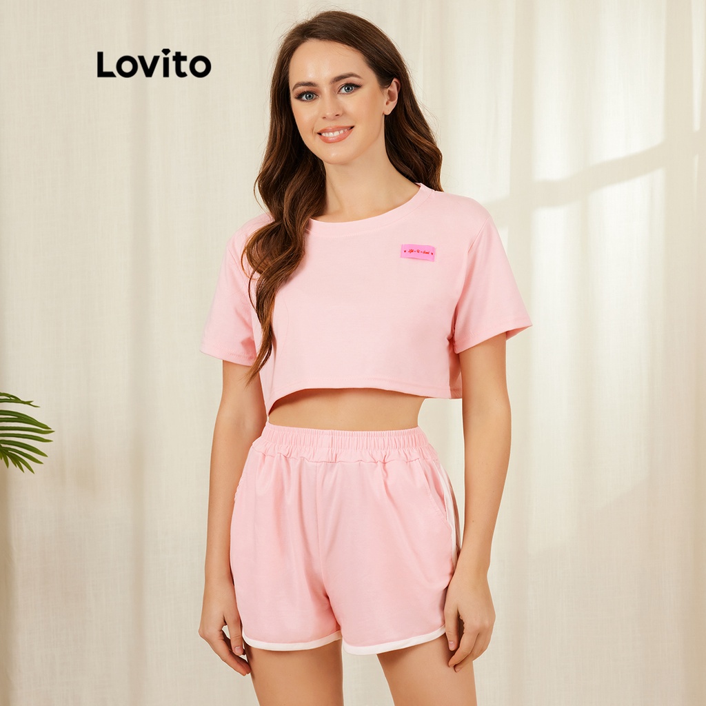 Bộ đồ thể thao Lovito in chữ phối viền tương phản trơn L18X518 (Màu hồng)