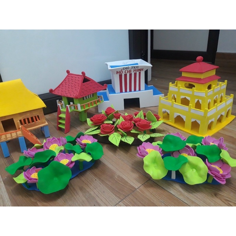 mới hình nhà sàn, lăng bác, hồ sen, chùa 1 cột, tháp rùa . mô hình chủ đề quê hương
