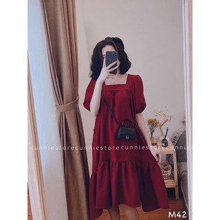 ĐẦM ĐŨI-Váy maxi dáng suông đuôi cá cổ vuông buộc dây sau 2 màu đỏ-đen