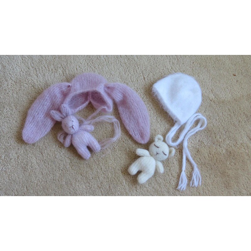 Nón thỏ và thỏ cầm tay newborn