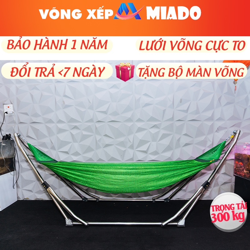 võng xếp inox khung 304 chịu tải 250kg kèm lưới 2 lớp cỡ lớn bảo hành 1 năm