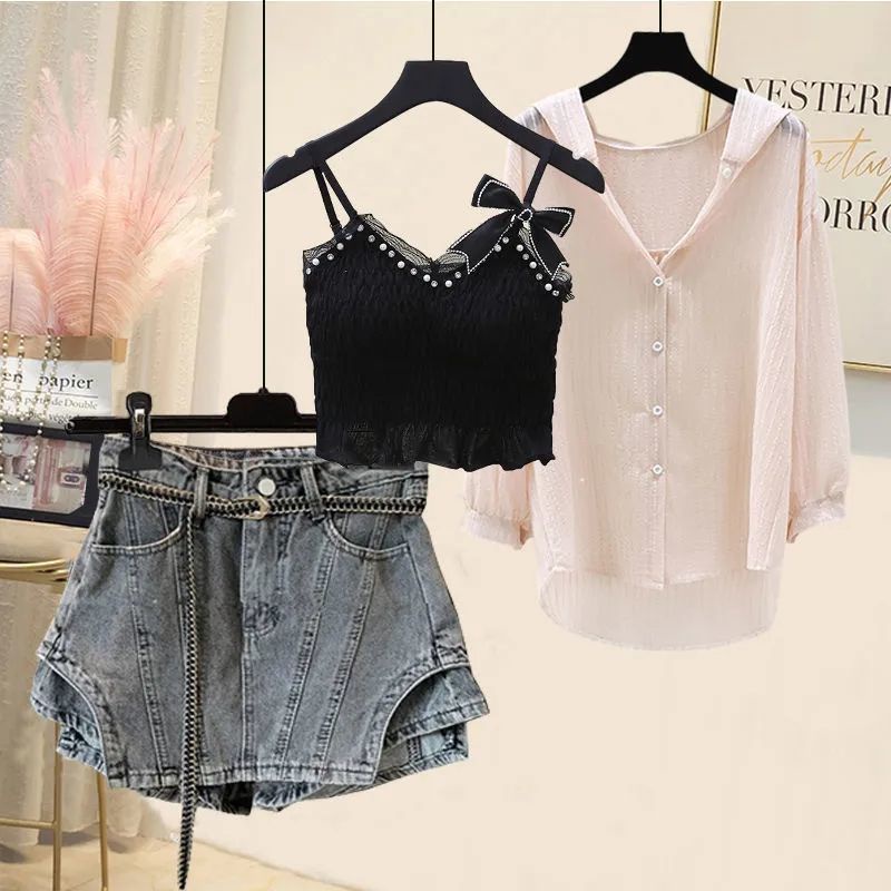 Jiashucheng Bộ Áo Sơ Mi Ba Dây Ôm Eo Nhỏ Phong Cách Mới Mùa Hè Cho Nữ