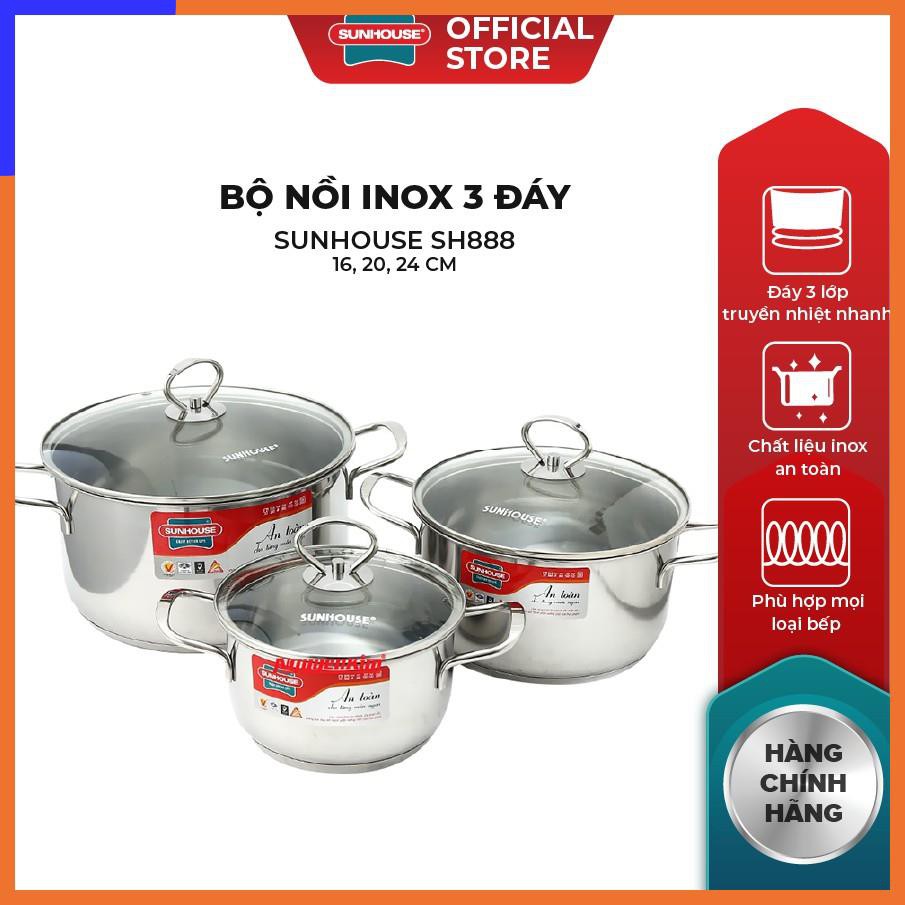 Bộ Nồi Inox 3 Đáy SUNHOUSE SH888 16, 20, 24 cm