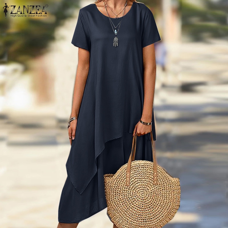 Zanzea Đầm Tay Ngắn Cổ Tròn Vạt Trước Và Sau Thời Trang Dành Cho Nữ