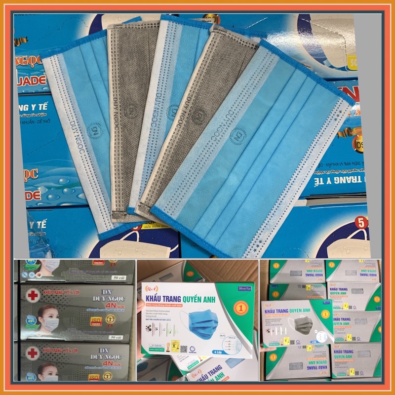 ( Hộp 50 cái) khẩu trang y tế 4 lớp công ty chính hãng ( Duy ngọc; Quyền anh; Bảo Huy) kháng khuẩn. Màu xanh, trắng, xám