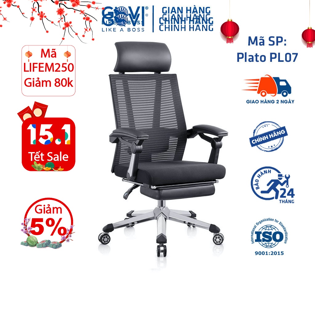 Ghế công thái học GOVI Ergonomic Plato PL07 - Tựa đầu cố định, tự tay điều chỉnh ngả đồng bộ lưng ghế, ngả lưng 90-180