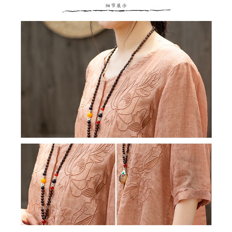 Áo Thun 100% Cotton Mỏng Tay Ngắn Thoáng Khí Thêu Hình Hoa Sen Phong Cách Retro  100% Cotton Cho Nữ 2022