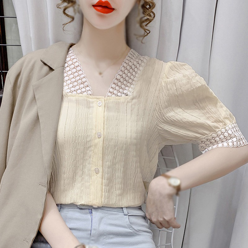 Áo Sơ Mi Nữ Cổ Chữ V Tay Phồng Xếp Ly Dáng Rộng Thanh Lịch