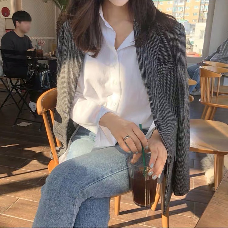 Áo sơ mi trắng nữ tay dài phong cách Hàn Quốc siêu hot kết hợp bên trong áo khoác nhẹ, Mã QA03