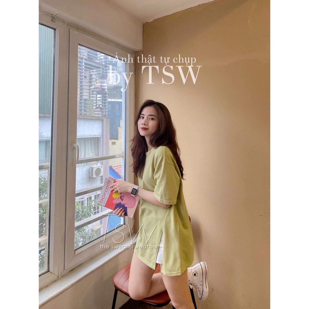 [Mã WASKT304 giảm 15% tối đa 30K đơn 99K] Áo phông dệt kim sần xẻ tà oversize (Ảnh thật)
