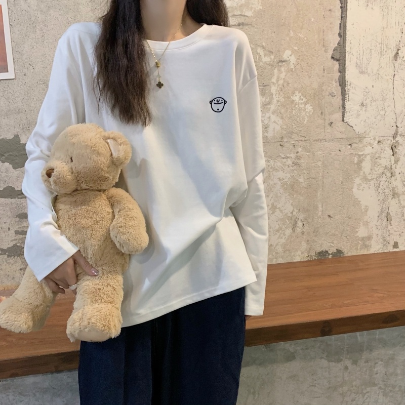 ZHELIHANGFEI Áo Thun Tay Dài Cổ Tròn Form Rộng Với Họa Tiết Thêu Đơn Giản Dễ Phối Đồ