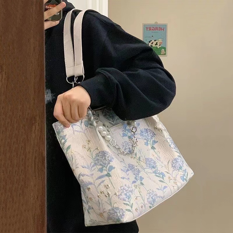 Túi tote vải hình hoa túi đeo vai nữ cỡ lớn canvas bo viền kèm quai tết khăn đi học đi chơi đi làm