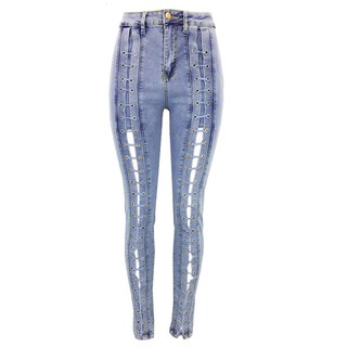 Quần Jeans Lưng Cao Đan Dây Cá Tính Cho Nữ