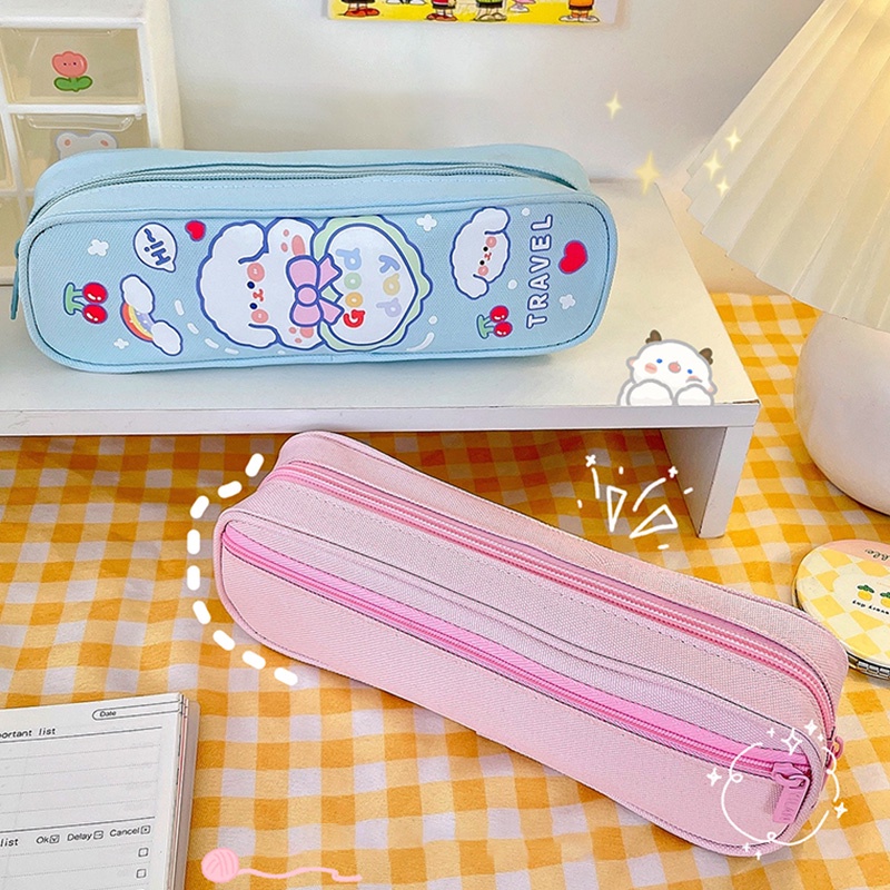 Túi Đựng Bút Bằng Vải Oxford Hai Lớp Có Khóa Kéo Họa Tiết Hoạt Hình Dễ Thương