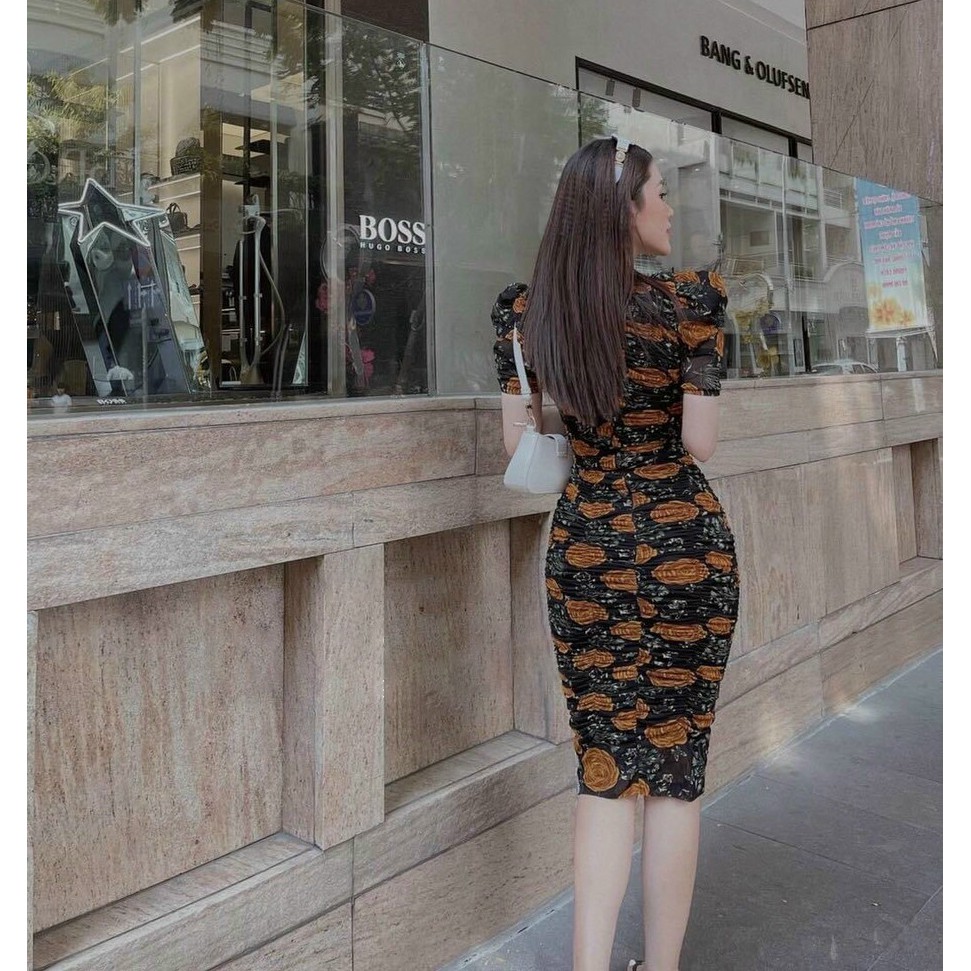 [Đầm Mới] Đầm Ôm Body Cổ Tròn Nhún Thân Họa Tiết Hoa | BigBuy360 - bigbuy360.vn